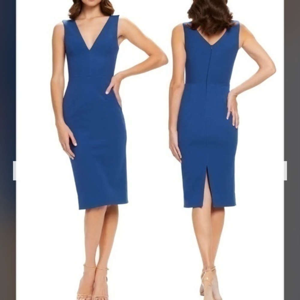 DRESS THE POPULATION Sandy Plunge Neck Stretch Crepe Sheath Dress Graphite Blue